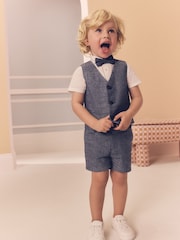 Navy Cotton/Linen Blend Waistcoat, Shirt, Short & Bow Tie Set (3mths-9yrs) - Image 1 of 8
