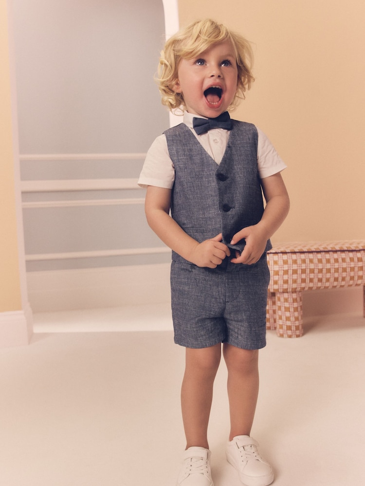 Navy Cotton/Linen Blend Waistcoat, Shirt, Short & Bow Tie Set (3mths-9yrs) - Image 1 of 8