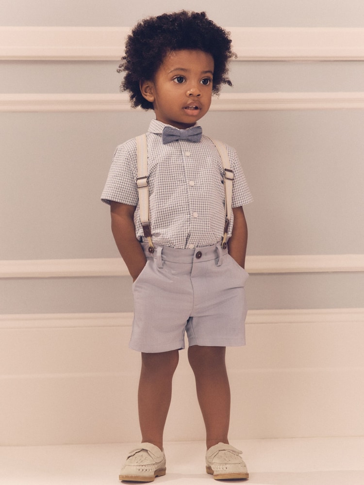 Blue Gingham Shirt, Shorts, Bow Tie & Braces Set (3mths-9yrs) - Image 1 of 9