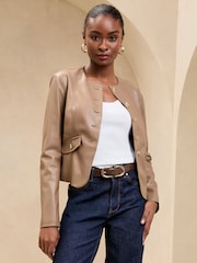 Lipsy Neutral Collarless Jacket With a Touch of Linen - Image 1 of 1