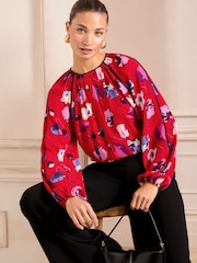Love & Roses Red Poppy Pintuck Crew Neck Long Sleeve Blouse - Image 1 of 4
