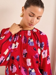 Love & Roses Red Poppy Pintuck Crew Neck Long Sleeve Blouse - Image 2 of 4