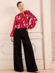 Love & Roses Red Poppy Pintuck Crew Neck Long Sleeve Blouse - Image 3 of 4