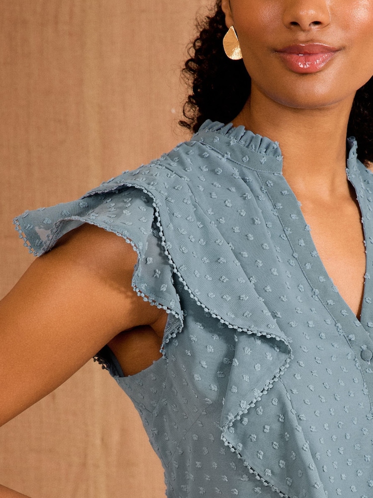 Love & Roses Blue Dobby Sleevless Ruffle Blouse - Image 2 of 4 Love & Roses Blue Dobby Sleevless Ruffle Blouse - Image 2 of 4