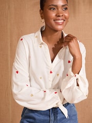 Love & Roses Ivory Heart Petite Embroidered Stripe Tie Cuff Shirt - Image 1 of 1