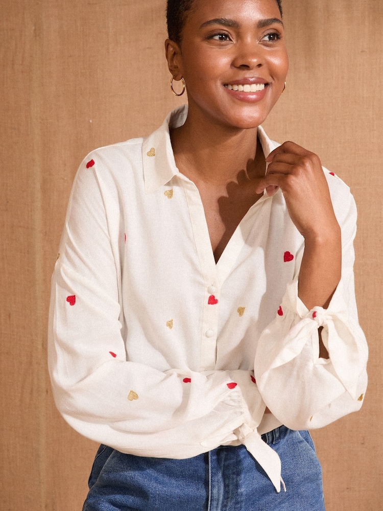 Love & Roses Ivory Heart Petite Embroidered Stripe Tie Cuff Shirt - Image 1 of 1