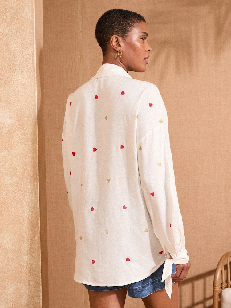 Love & Roses Ivory Heart Petite Embroidered Stripe Tie Cuff Shirt - Image 4 of 4