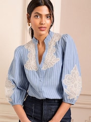 Love & Roses Blue Stripe Petite Pie Crust Detail 3/4 Sleeve Blouse - Image 1 of 4