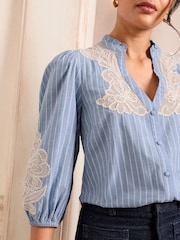 Love & Roses Blue Stripe Petite Pie Crust Detail 3/4 Sleeve Blouse - Image 2 of 4