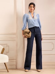 Love & Roses Blue Stripe Petite Pie Crust Detail 3/4 Sleeve Blouse - Image 3 of 4
