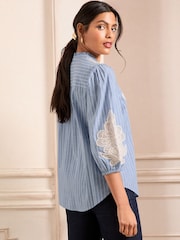 Love & Roses Blue Stripe Petite Pie Crust Detail 3/4 Sleeve Blouse - Image 4 of 4