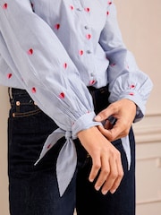 Love & Roses Blue Heart Embroidered Stripe Tie Cuff Shirt - Image 3 of 5