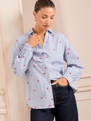 Love & Roses Blue Heart Embroidered Stripe Tie Cuff Shirt - Image 4 of 5
