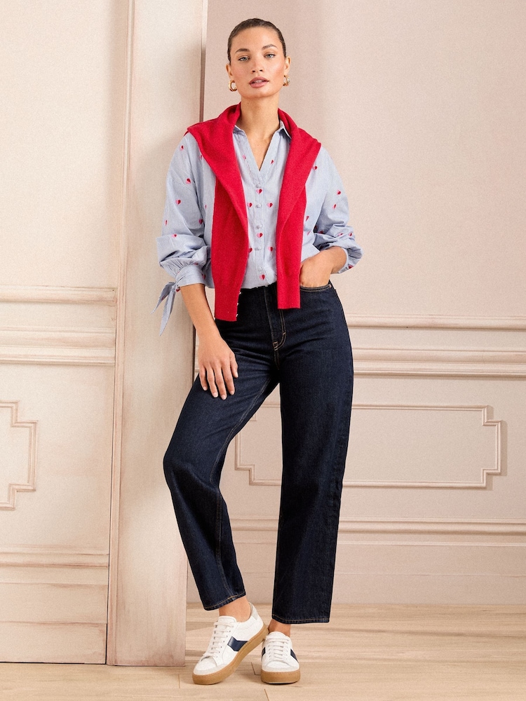 Love & Roses Blue Heart Embroidered Stripe Tie Cuff Shirt - Image 5 of 5