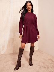 Friends Like These Burgundy Red Cosy High Neck Shirred Waist Mini Dress - Image 1 of 4