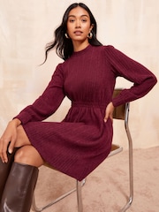 Friends Like These Burgundy Red Cosy High Neck Shirred Waist Mini Dress - Image 2 of 4