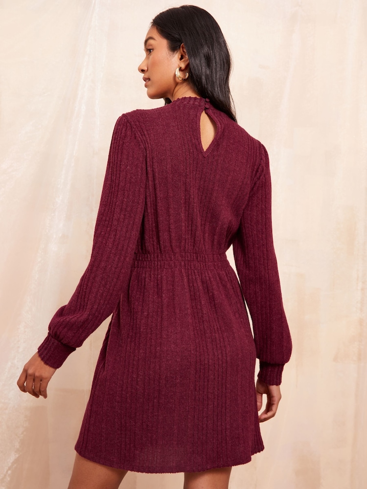 Friends Like These Burgundy Red Cosy High Neck Shirred Waist Mini Dress - Image 4 of 4