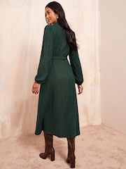 Friends Like These Green Cosy Long Sleeve Open Neck Midi Dress - Image 3 of 4