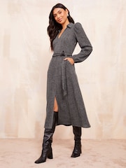 Friends Like These Grey Cosy Long Sleeve Open Neck Midi Dress - Image 1 of 4