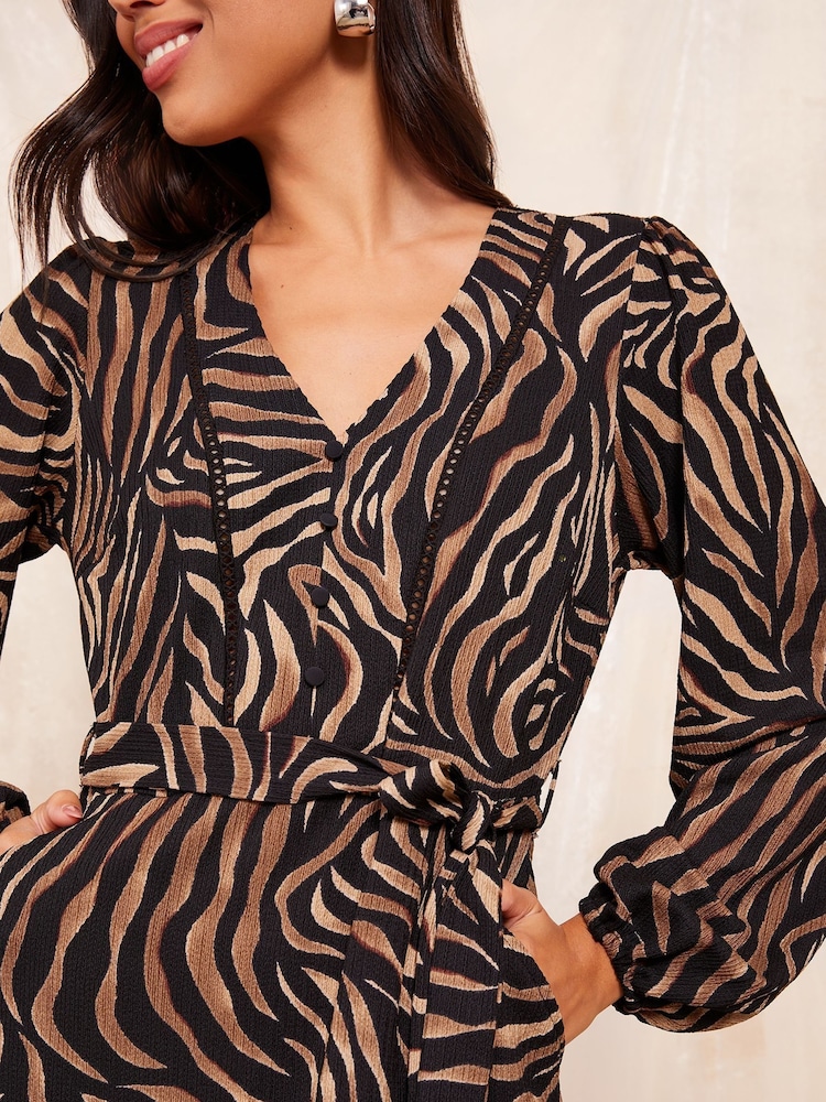 Friends Like These Brown Animal Ladder Trim Textured Mini Dress - Image 2 of 4
