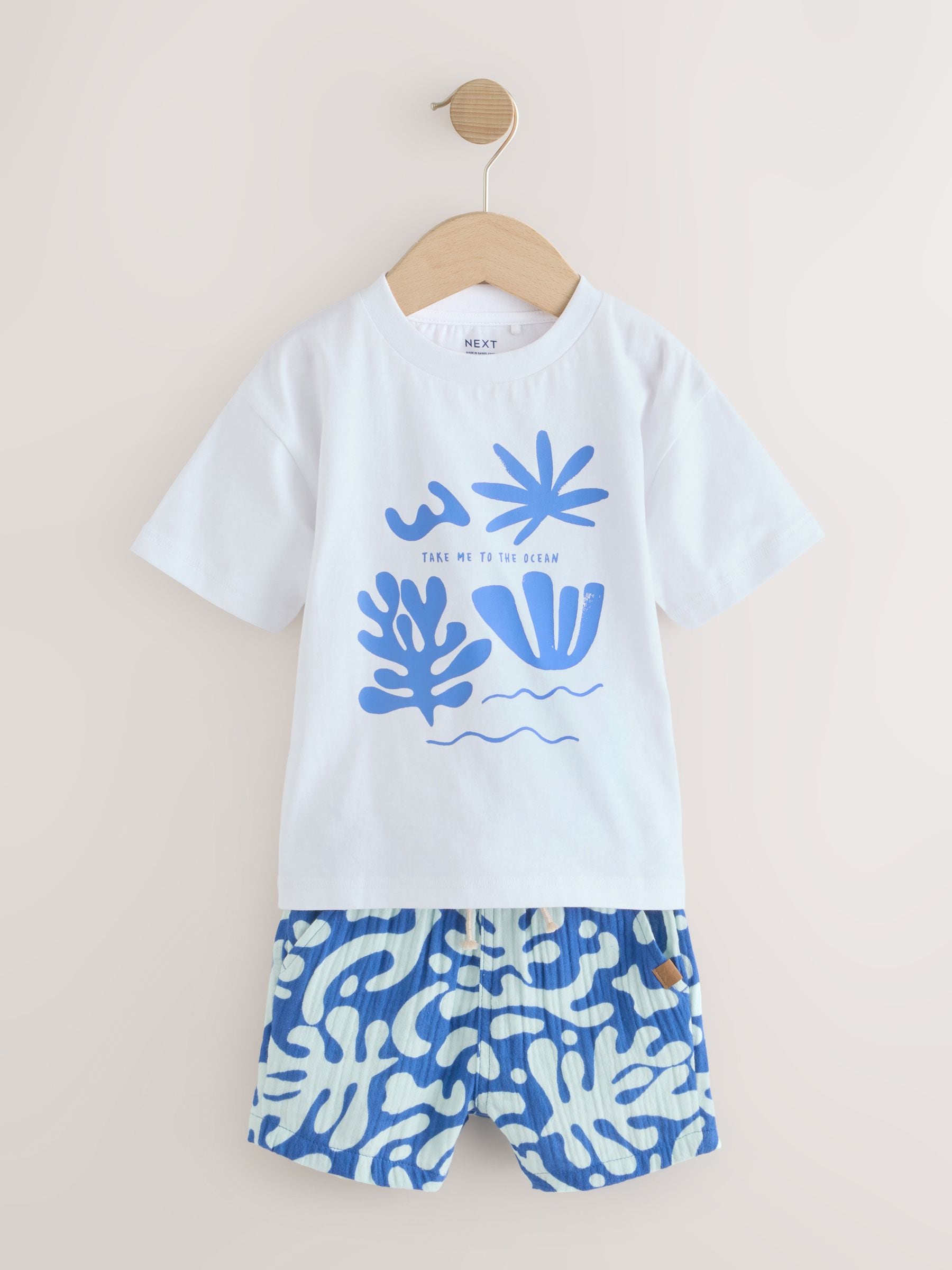 White/Blue T-Shirt and Shorts 100% Cotton Set (3mths-7yrs)