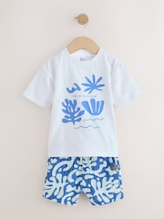 White/Blue T-Shirt and Shorts 100% Cotton Set (3mths-7yrs) - Image 1 of 4