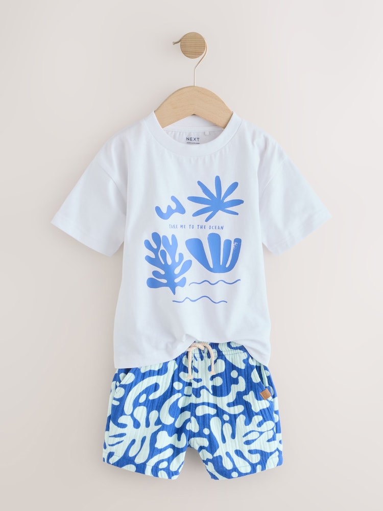 White/Blue T-Shirt and Shorts 100% Cotton Set (3mths-7yrs) - Image 3 of 4
