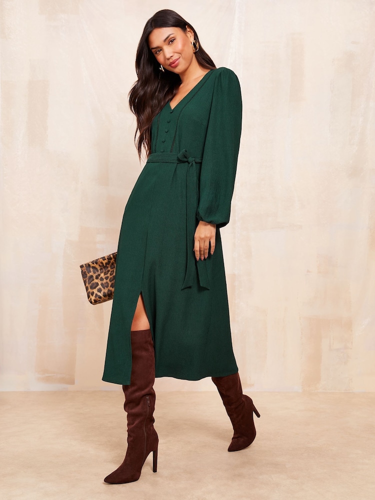 Friends Like These Green Ladder Trim Textured Midi Dress - Image 1 of 4