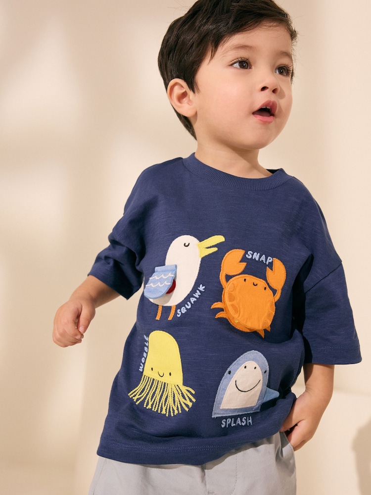 Blue Sealife Short Sleeve Interactive Appliqué T-Shirt (3mths-7yrs) - Image 1 of 8