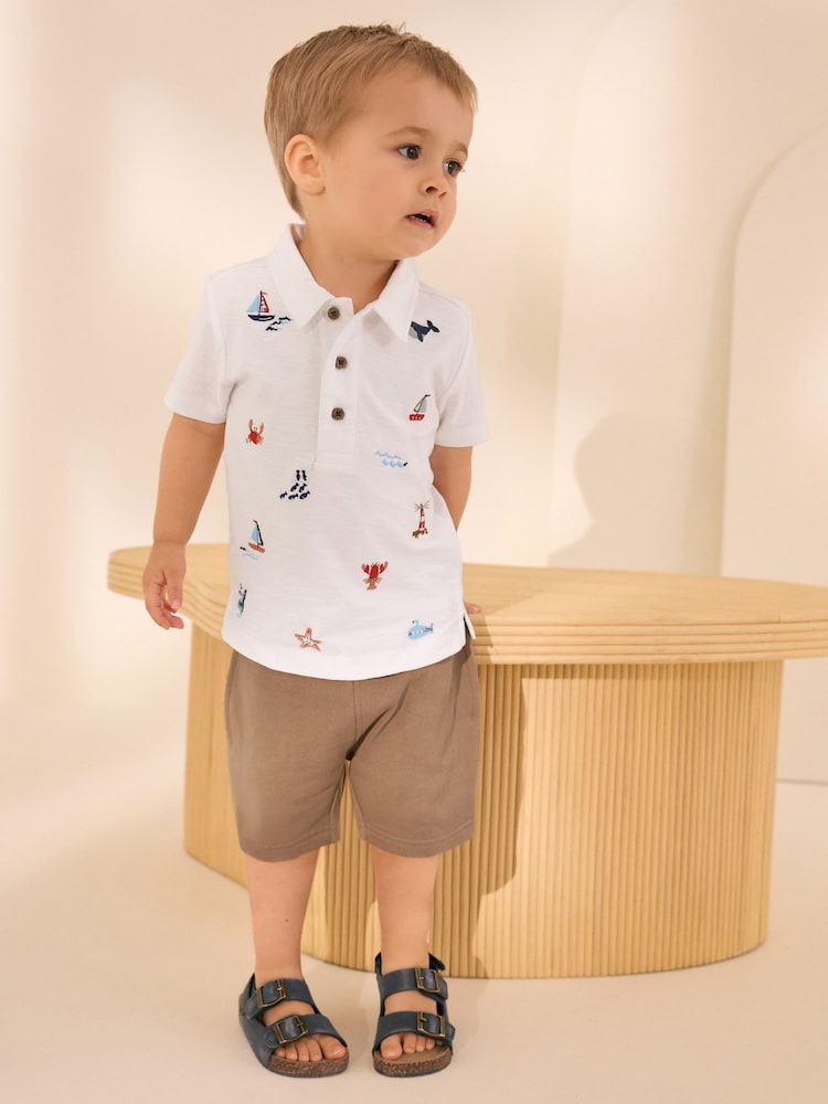White All-Over-Embroidered Polo Shirt & Shorts Set (3mths-7yrs) - Image 1 of 6