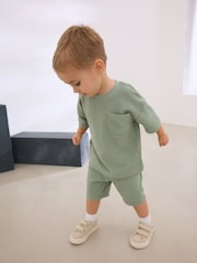 Sage Green 100% Cotton Textured Pocket Tops & Shorts Set (3mths-7yrs) - Image 1 of 4