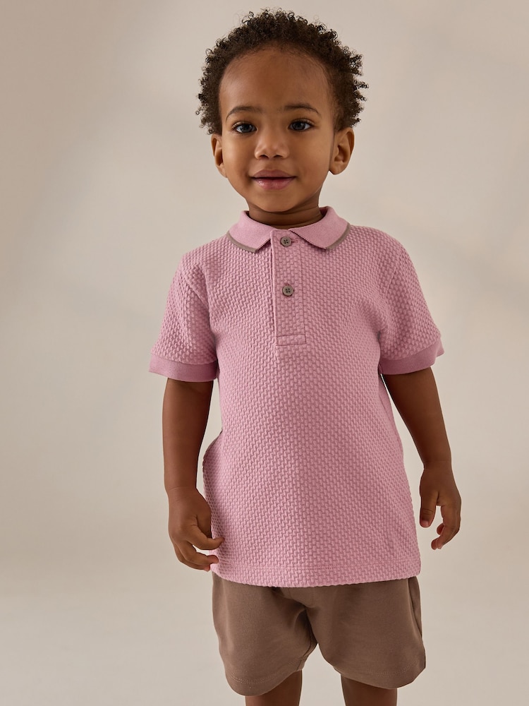 Pink Short Sleeve Textured Polo Shirt and Shorts Set (3mths-7yrs) - Image 1 of 4