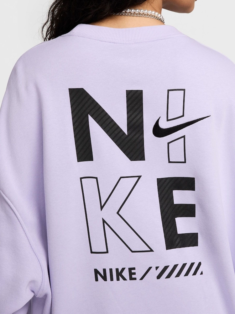 Nike Lilac Purple Oversized Sportswear Fleece Logo Crew Neck 100% Cotton Sweatshirt - Image 4 of 7