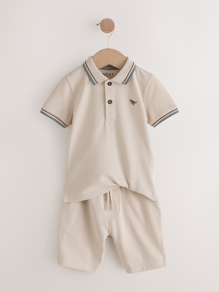 Stone 100% Cotton Short Sleeve Polo Shirt & Shorts Set (3mths-7yrs) - Image 6 of 9