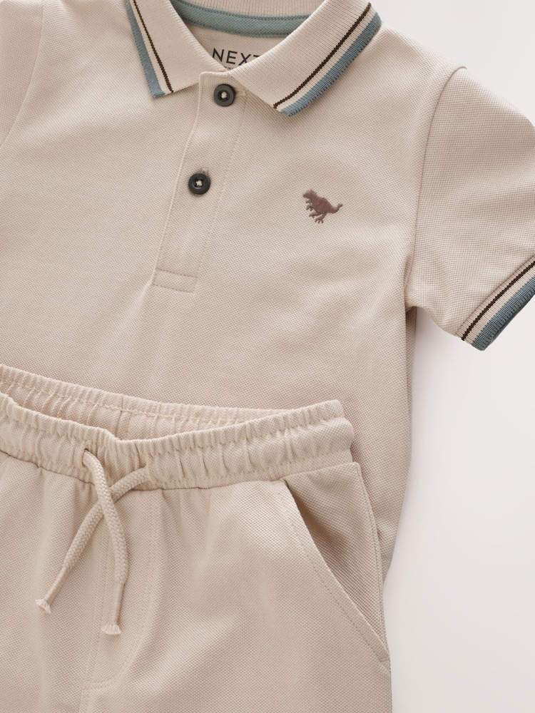 Stone 100% Cotton Short Sleeve Polo Shirt & Shorts Set (3mths-7yrs) - Image 8 of 9