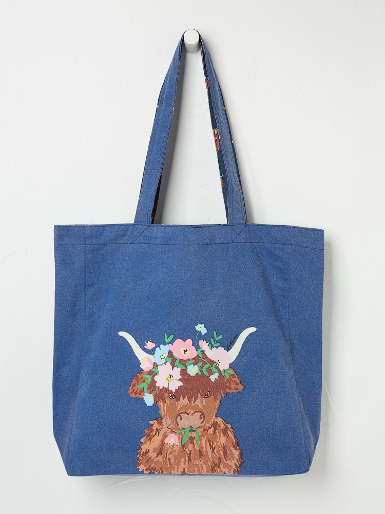 FatFace Blue Hettie Highland Cow Reversible 100% Cotton Tote Bag - Image 1 of 2