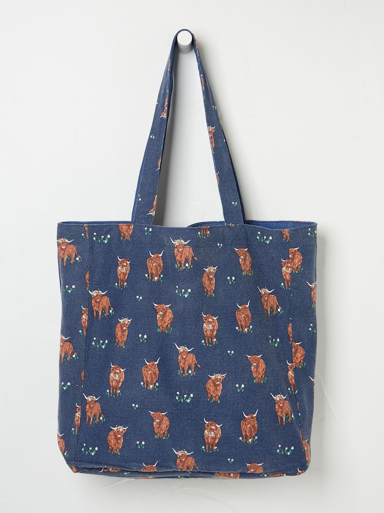FatFace Blue Hettie Highland Cow Reversible 100% Cotton Tote Bag - Image 2 of 2