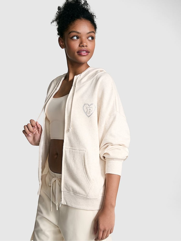 Victoria's Secret PINK Natural Heather White Zip Up Hoodie - Image 1 of 3