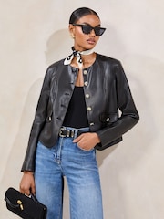 Lipsy Black Faux Leather Petite Collarless Jacket With a Touch of Linen - Image 1 of 4