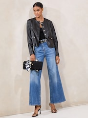 Lipsy Black Faux Leather Petite Collarless Jacket With a Touch of Linen - Image 3 of 4