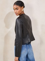 Lipsy Black Faux Leather Petite Collarless Jacket With a Touch of Linen - Image 4 of 4