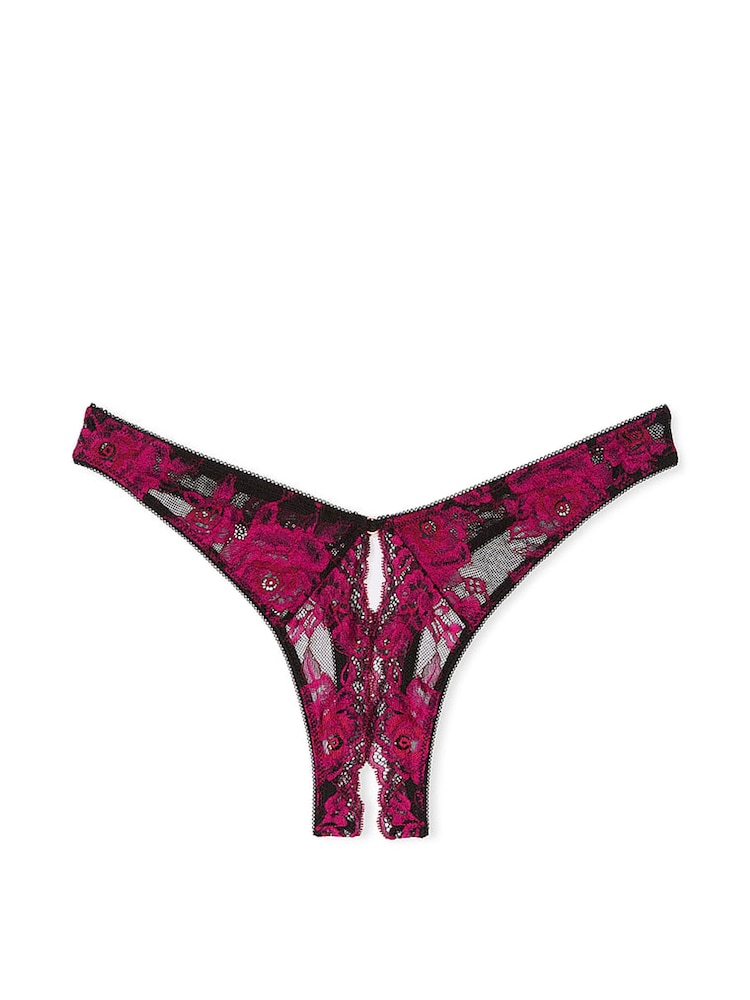 Victoria's Secret Black  Pink Thong Rose Lace Crotchless Knickers - Image 1 of 1