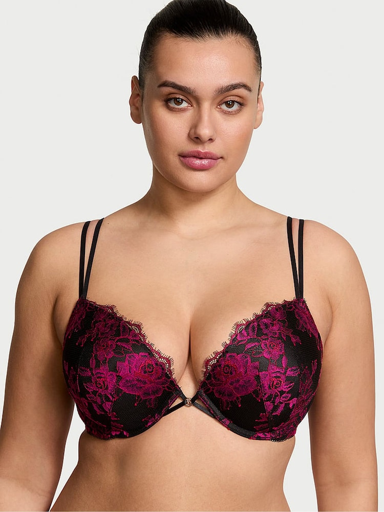 Victoria's Secret Black & Pink Push Up Rose Lace Bra - Image 1 of 3