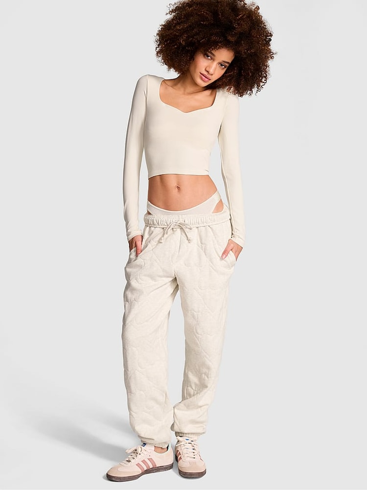 Victoria's Secret PINK Natural Heather White Quilted Heart Joggers - Image 1 of 3