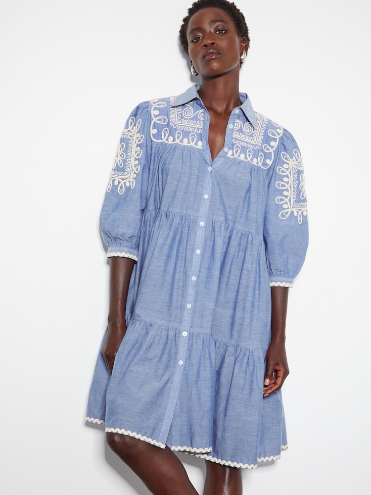 Monsoon Blue Mini Damia Embroidered Chambray 100% Cotton Shirt Dress - Image 1 of 4