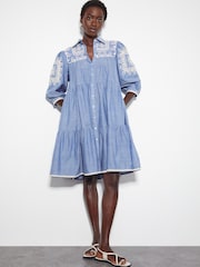 Monsoon Blue Mini Damia Embroidered Chambray 100% Cotton Shirt Dress - Image 2 of 4