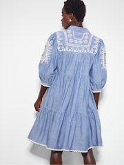 Monsoon Blue Mini Damia Embroidered Chambray 100% Cotton Shirt Dress - Image 3 of 4