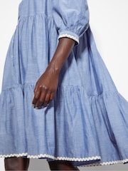 Monsoon Blue Mini Damia Embroidered Chambray 100% Cotton Shirt Dress - Image 4 of 4