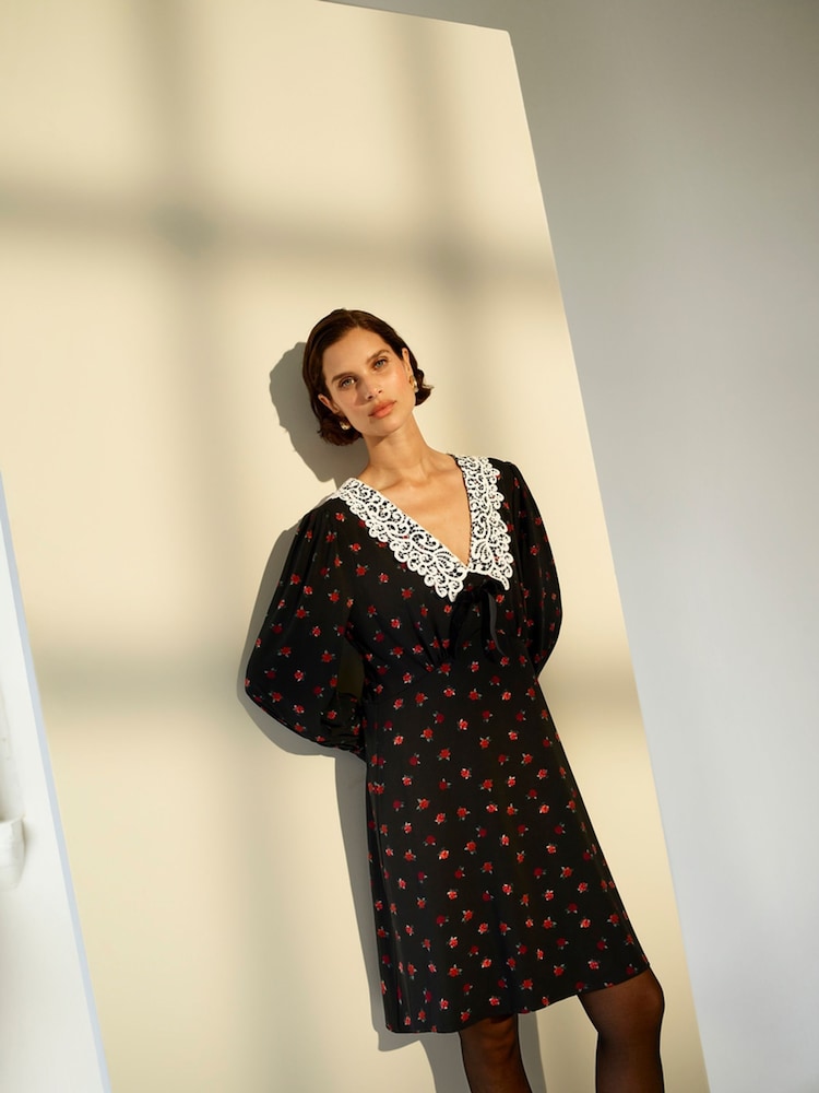 Monsoon Black Dion Lace Collar Jersey Dress - Image 1 of 6