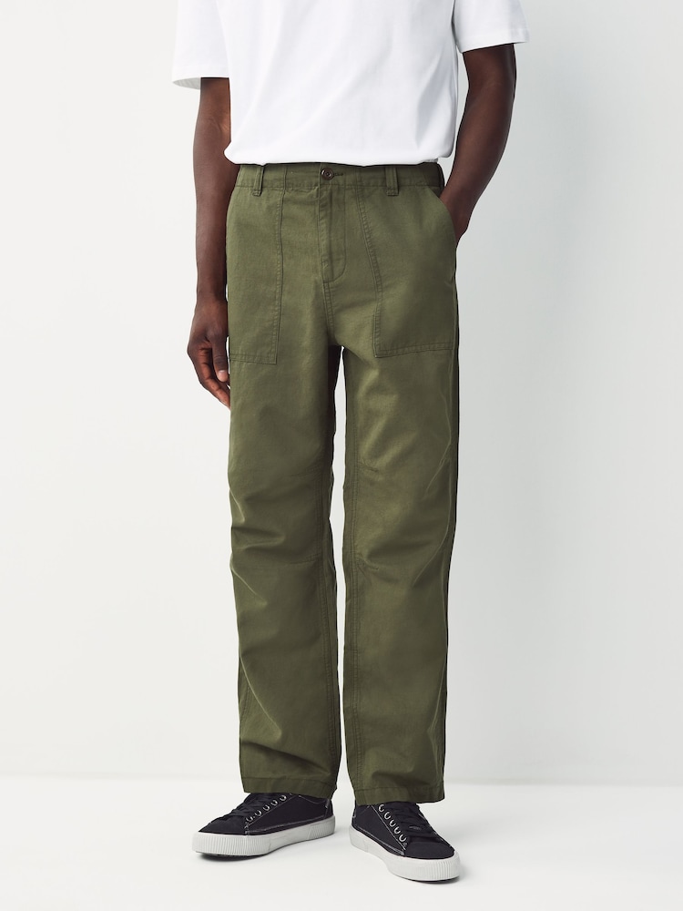 Khaki Green Relaxed Fit Fatigue Pocket Cotton Linen Trousers - Image 1 of 10
